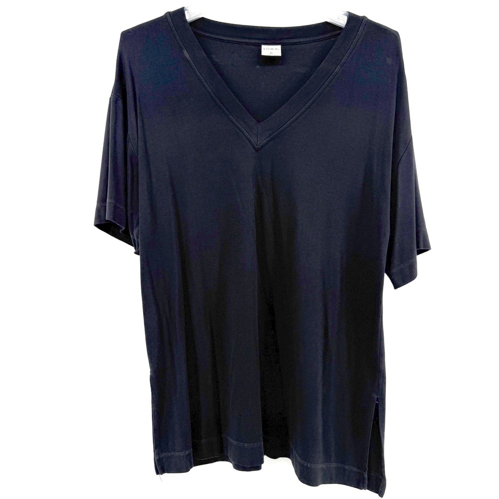 SOMA Black V Neck Short Sleeve Tunic Top Side Slits Size Medium